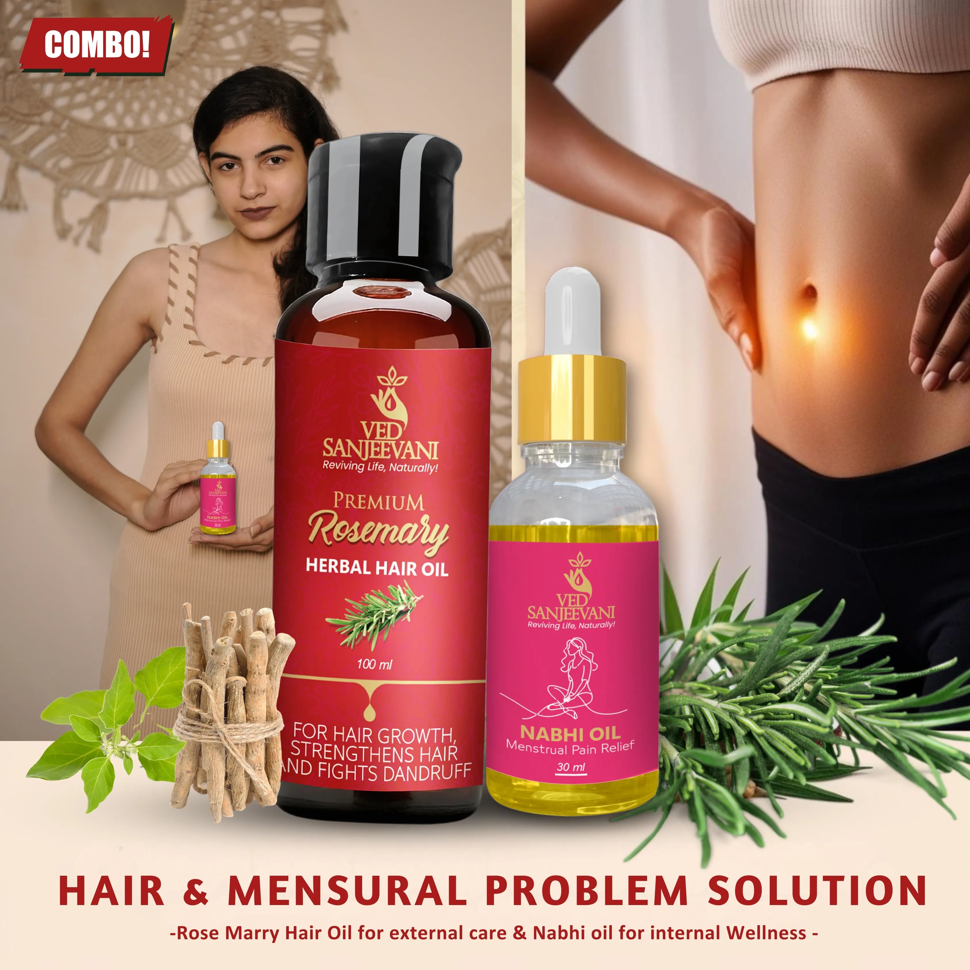 COMBO(Rosemary Hair Oil for Hair Growth + Menstrual Pain Relief Navel Oil)